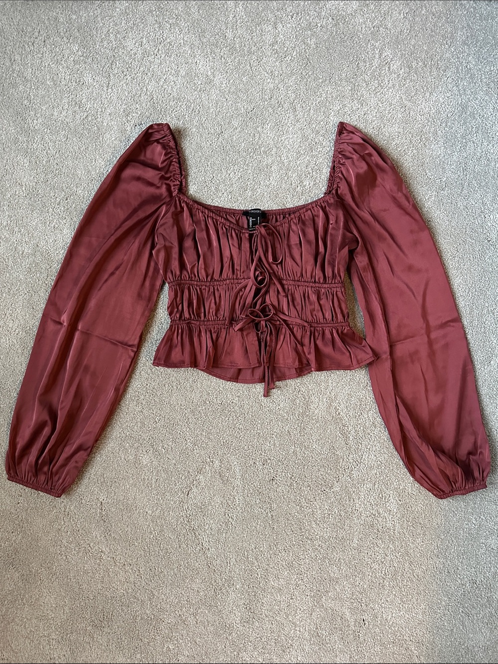 Forever 21 Burgundy Satin Peasant Top